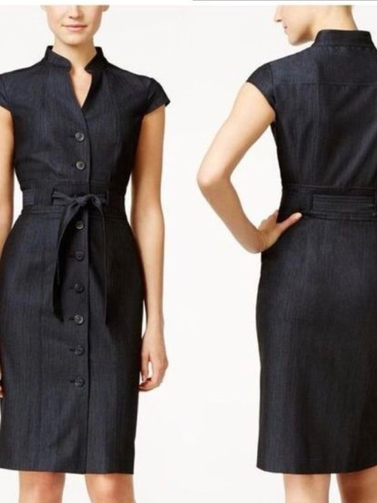 Calvin Klein Dresses & Skirts - Calvin Klein Dark Gray Cap-Sleeve Button-Front Sheath Dress Tie Waist - Small